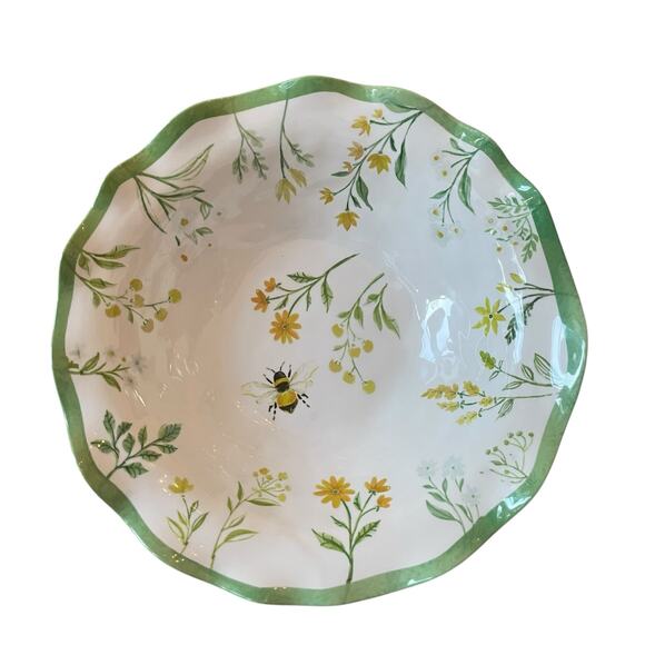 Shabby Chic Green Floral Bumblebee Melamine Serving Bowl 14" Round Scalloped NEW - Picture 1 of 13